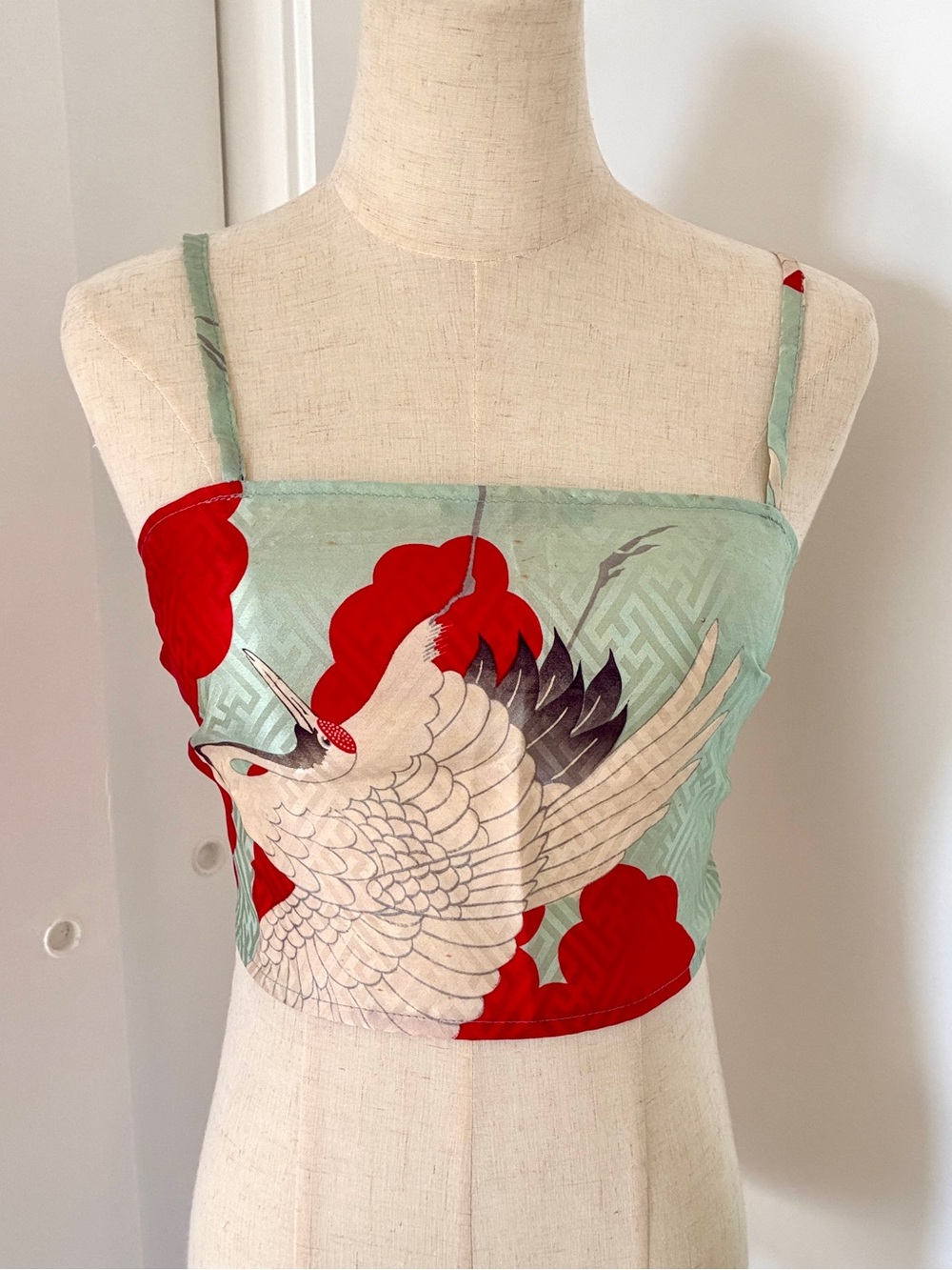 Light Aqua Crane Print Spaghetti Strap Crop Top